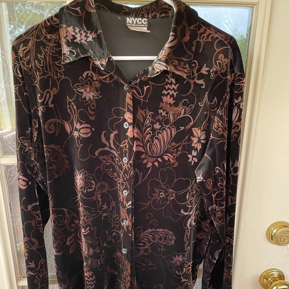 NYCC New York Clothing Co Sz M Black Sheer Burnout Floral Button Down 90s VTG 🌒